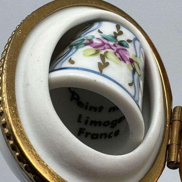 Vtg Limoges France Egg Shaped Hinged Trinket Box Floral Ribbon Thimble Inside - Picture 10 of 10